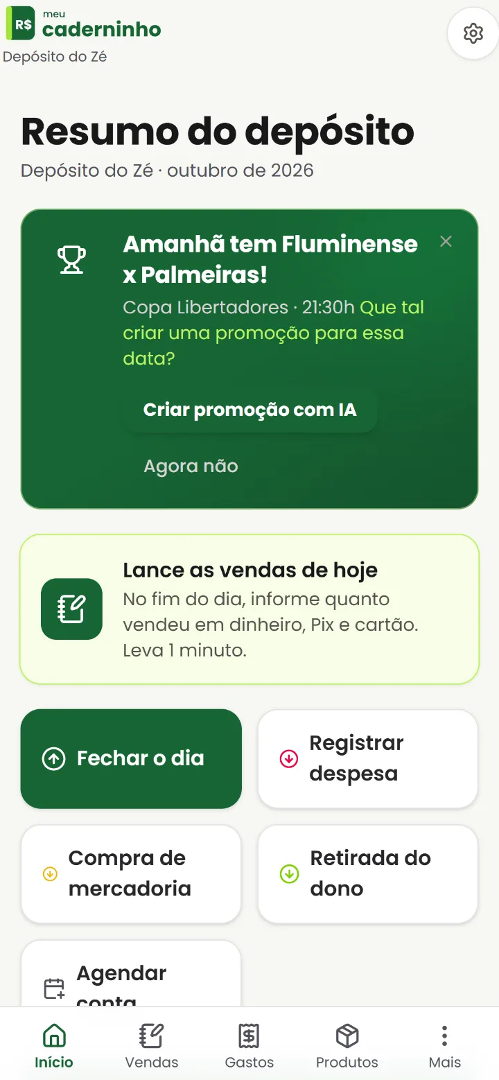 Tela inicial do Meu Caderninho